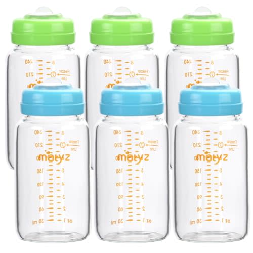 Matyz Glass Breastmilk Storage Bottles, 6 Pack, 8 oz, Compatible with Spectra Medela Pump - Store, Freeze, Warm Up Milk Well - Large Breastmilk Storage Containers - No BPA (3 Green & 3 Blue Lids)