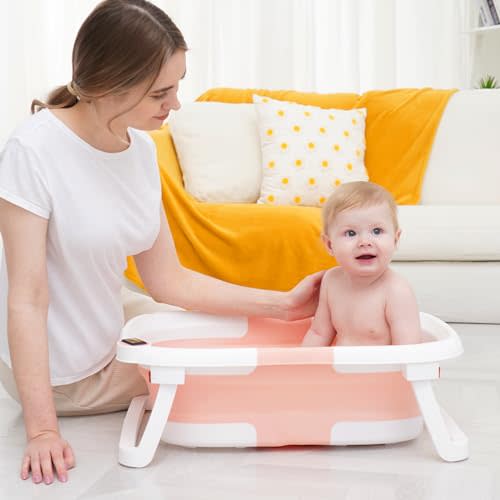 napei Baby Bathtub,Collapsible Baby Bathtub for Infants to Toddler with Smart Temp Sensor, Baby Bathtub with Floating Cushion & Drain Hole, Space-Saving Baby Bath Tub for Newborn 0-36 Month,Pink