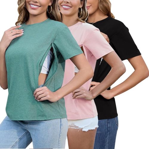 Ecavus Women's 3-Pack Nursing Shirts for Breastfeeding with Hidden Zippers Loose Fit Maternity Tops