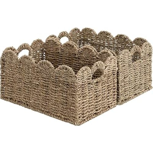 StorageWorks Scalloped Seagrass Baskets, Wicker Storage Baskets with Built-in Handles, Hand-woven Basket for Organizing and Decor, 2 Pack