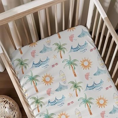 Summer Beach Palm Tree Starfish Sunglasses Pattern Baby Sheets for Crib, Unisex Summer Theme Nursery Fitted Bed Sheet for Boys Girls Standard Crib and Toddler Mattress-28x52