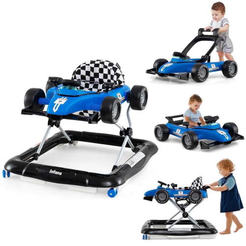 INFANS 4 in 1 Baby Walker, Foldable Toddler Activity Center with Adjustable Height, Padded Seat, Music, Light, Removable Toy Tray, Push Walker for Girls Boys Aged 6-18 Months