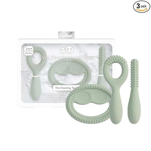 ezpz Oral Development Tools (3 Pack in Sage) - 3 Months+ - Non-Slip Loop, Smile and Stick 100% Silicone Tools - Prepare for Chewing + Solids - Baby-Led Weaning Supplies
