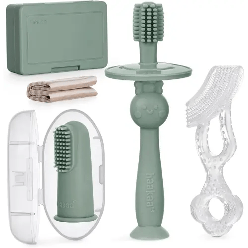 haakaa Training Toothbrush Set Oral Care Kit, Soft Silicone Toothbrush for Baby, Infants, Toddlers & Kids, Pea Green
