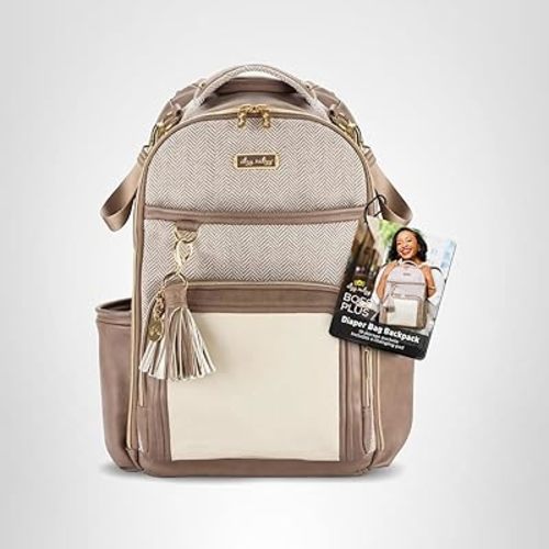 Itzy Ritzy Diaper Bag Backpack – Large Capacity Boss Plus Baby Backpack Diaper Bag Featuring 19 Pockets, Changing Pad, Stroller Clips, and Comfortable Straps (Vanilla Latte)