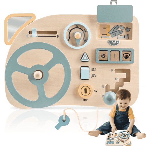 Busy Board for 1 Year Old, Montessori Learning Toys, Wooden Car Steering Wheel Travel Toddler Toy, Aesthetic Sensory Activity Board for Fine Motor Skills for Boys and Girls