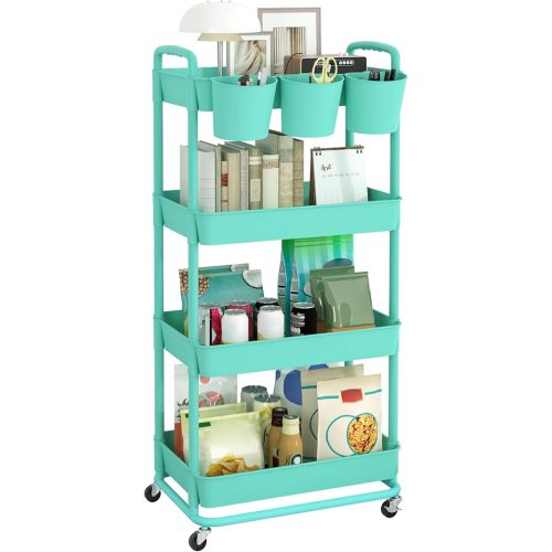 JIUYOTREE 4-Tier Plastic Rolling Storage Cart Utility Cart with Extra Hanging Cups Handles Lockable Wheels for Living Room Bathroom Kitchen Office Green