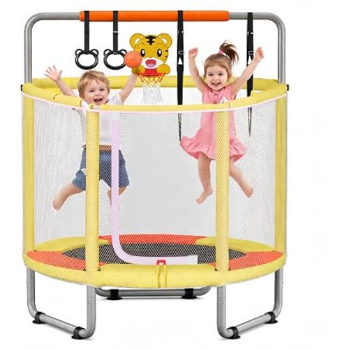 55" Trampoline for Kids with Enclosure, 4-in-1 Toddler Trampoline Indoor Outdoor, 440lbs Capacity Upgrade Trampolines with Adjustable Gymnastics Bar & Toys, for Boys & Girls, Easy to Assemble