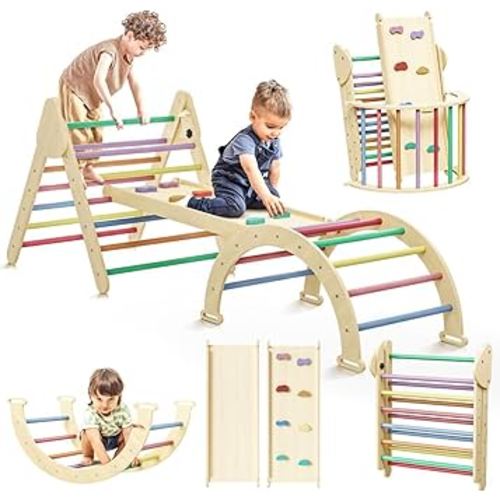7 in 1 Pikler Triangle Set - Montessori Indoor Climbing Gym with Pikler Arch, Climbing Triangle, Ramp, and Climbing Arch Cushion - Durable Wooden Climbing Gym for 1 to 5 Years Old