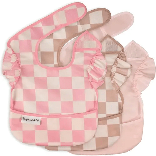 Tiny Twinkle Mess Proof Baby Bibs for Eating - Waterproof, Wipeable Bibs - Toddler Bibs - Travel Friendly - PFAS, PVC, BPA, Phthalate Free - Baby Food Bibs(3 Pack,Checkers Girl)