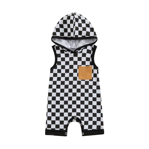 Karesoull Newborn Boy Checkered Outfit Baby Sleeveless Hooded Romper Jumpsuit Cute Summer Clothes