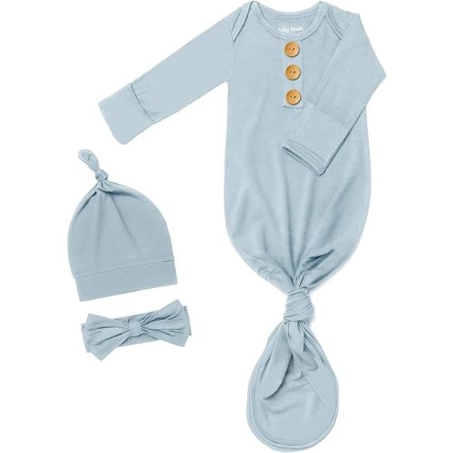 Soft Newborn Knotted Gown with Hairband and Hat, Baby Boy Girl Coming Home Outfit, Sleeper Baby Sleep Gown with Mittens