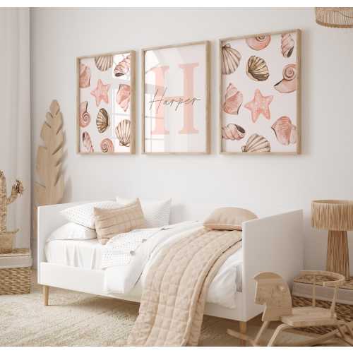 Custom Set of 3 Pink Seashells Prints Wall Art Personalized Name Sign Sea Shells Girl Room Nursery Decor Watercolor Girly Coastal Print