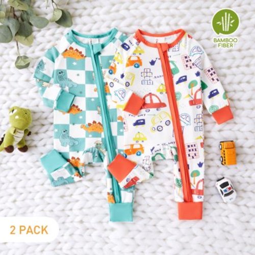 PatPat Bamboo Baby Pajamas Baby Girl Gifts Snug Fit Zipper Long-Sleeved Baby Onesies Sleepwear,2Pack,0-24 Months