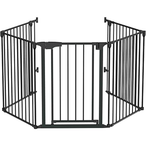 Bonnlo 120 Inches Wide Configurable Baby Gate, Fireplace Safety Fence/Guard, Adjustable 5-Panel Metal Play Yard for Toddler/Pet/Dog, Christmas Tree Fence, Includes 4 Pack of Wall Mounts, Black