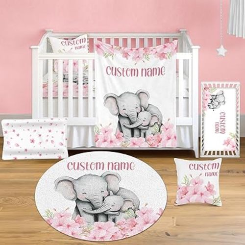 Custom Name Pink Floral Crib Bedding Set Neutral 5 Pieces, Personalized Elephant Crib Bedding Set for Boys Girls, Personalized Gift Elephant Baby Bedding Crib Sets for Nursery Decor