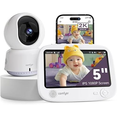 Smart WiFi Baby Monitor - 5" 1080P Split Screen & 2K Camera App Control, Motion Alerts, HD Night Vision, 5050mAh Battery, 2-Way Talk, Multi-User, Triple Security, 1600ft Range