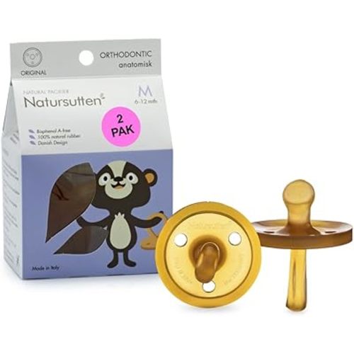 Natursutten Pacifiers 6-12 Months - 2-Pack Original Shield Orthodontic Nipple Natural Rubber Safe & Soft BPA-Free Pacifiers for Breastfeeding Babies - Newborn Pacifiers Made in Italy