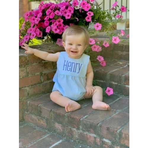 Personalized Aqua Seersucker Unisex Bubble Romper, Girls Seersucker Monogram Romper, Boys Monogrammed Baby Bubble, Monogrammed Baby Bloomers