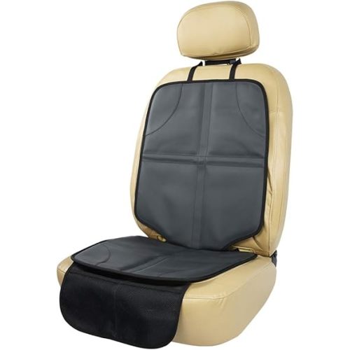Leather Car Seat Protector for Booster Durable Waterproof Protector Mat Large Auto Seat Cover with Storage Pocket for Child Toddler Safety Seat Baby Basket (Black)