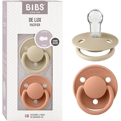 BIBS De Lux Baby Pacifier 2-Pack | Made in Denmark | BPA Free Dummy Soother, Round Nipple. Silicone, OneSize (0-36 Months), Vanilla/Peach
