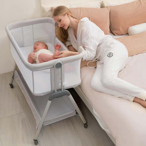 ANGELBLISS Flat Bedside Bassinet with Storage Basket, Easy Folding Portable Crib with Wheels, Included Breathable Mesh, Cozy Mattress(Off-White)(0-6 months)