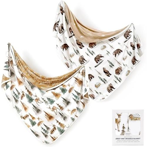 GRSSDER Baby Blankets Super Soft Stretchy Jersey Swaddle Blanket 2 Pack for Baby Boys, Double Layer Reversible Receiving Blankets 34 x 44, Extra Large for Swaddling, Deer & Bear