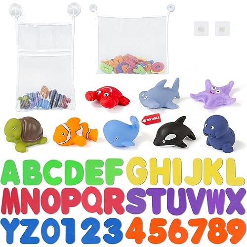 48 Pack Bath Toys Set - 8PCS No Hole Mold Free Ocean Animals, 26 Foam Alphabet Letters & 10 Numbers, 2 Bathtub Toy Storage Bags with Hooks,Perfect Bathroom Toys Gifts for Kids Baby Toddler Ages 4-8
