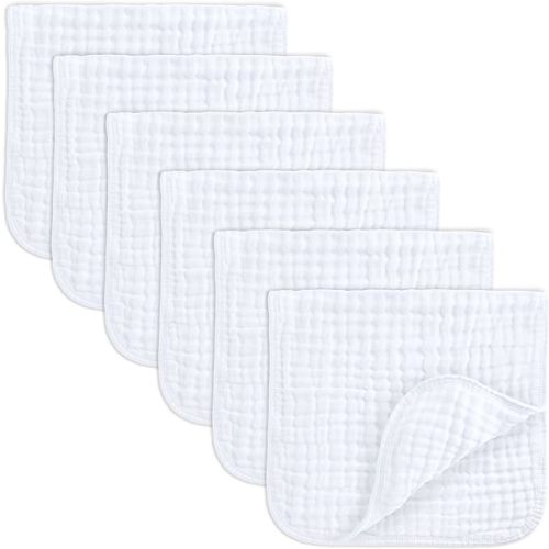 Comfy Cubs Muslin Burp Cloths Set Large 100% Cotton Hand Washcloths for Babies, Baby Essentials 6 Layers Extra Absorbent and Soft Boys & Girls Baby Bibs & Burp Cloths Set (White, 6-Pack, 20" X10") - 6-Pack 20"X10"
