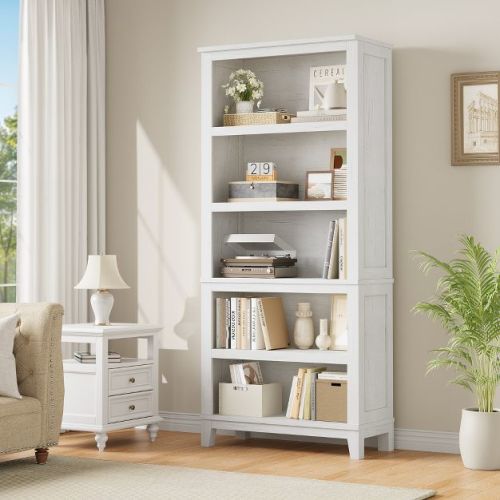 5 Tier Bookcase Set of 2 with Adjustable Shelves, 71" Tall Bookshelf w/ Wooden Legs, Rustic Vintage Etagere for Living Room Apartment Office