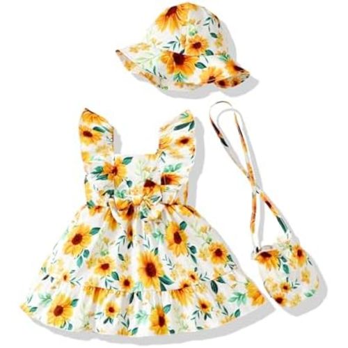 Renotemy Newborn Infant Baby Girl Dresses Summer Outfits Boho Casual Sundress Gifts Toddler Clothes for Girl with Hat and Bag