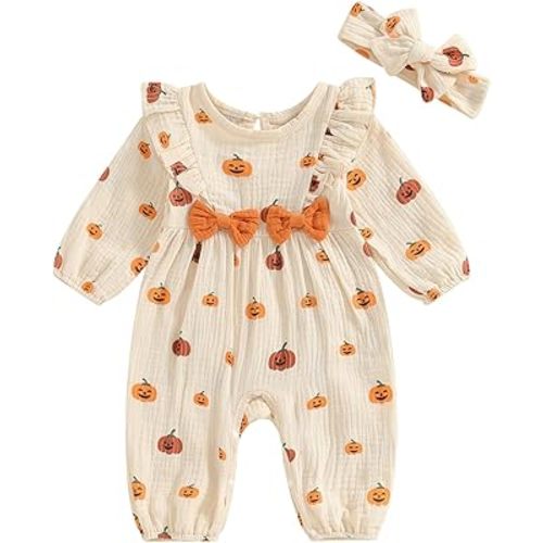 Newborn Baby Girl Halloween Clothes Puff Sleeve Cotton Linen Ruffle Pumpkin Print Jumpsuit Fall One Piece Outfits