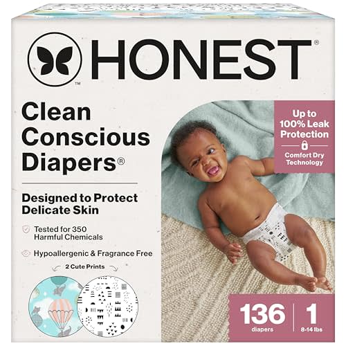 The Honest Company Clean Conscious Diapers for Sensitive Skin | Hypoallergenic, Fragrance Free | Gender Neutral Prints | Super Club Box, Size 1 (8-14 lbs), 136 Count (Prints May Temporarily Vary)