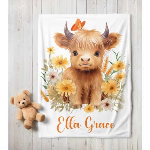 Personalized Highland Cow Baby Girl Blanket, Custom Name Blanket, Swaddle Set, Minky Fleece Sherpa, Baby Shower Gift, Farm Nursery Decor