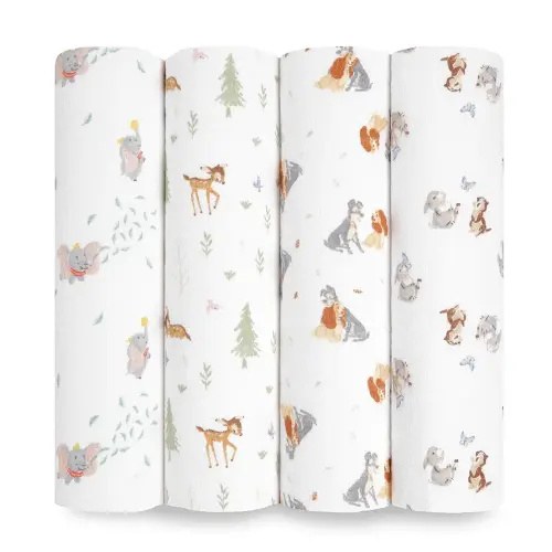aden + anais Essentials Disney Baby Muslin Swaddle Blankets, Newborn Receiving Blanket for Swaddling, 100% Cotton Baby Swaddle Wrap, 4 Pack, Disney + Friends