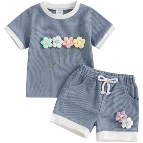 Toddler Baby Girl Outfits Floral Summer Clothes Infant Spring Waffle Short Sleeve Shirt Tops Cute Shorts Set