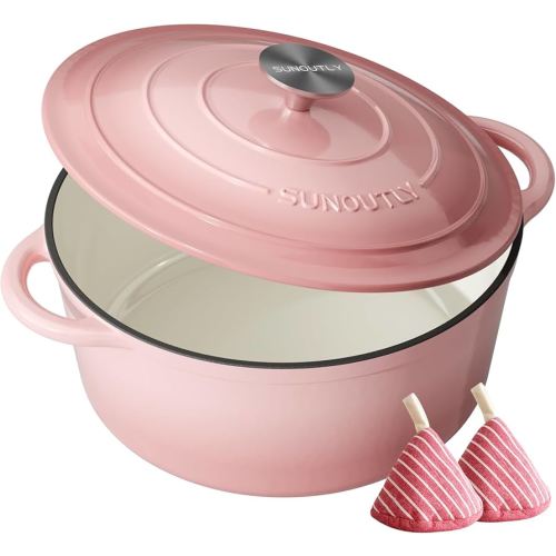 Enameled Cast Iron Dutch Oven - 4.5QT Dutch Oven Pot with Lid & Cotton Potholders - Heavy-Duty Non Stick Casserole Pot for Braising, Stews, Roasting, Baking, Suitable for All Stovetops, Gentle Pink