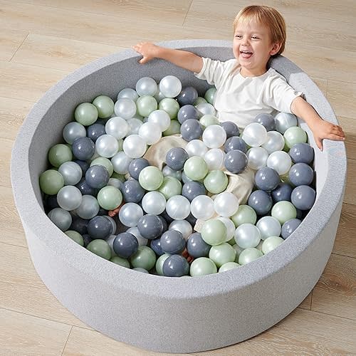 Fortella Foam Ball Pit w/ 200 Balls Included 2.75 in, Round Ball Pit for Toddlers Kids Babies Children, Pit Size 35.4 x 11.8 x 2 in (Gray)