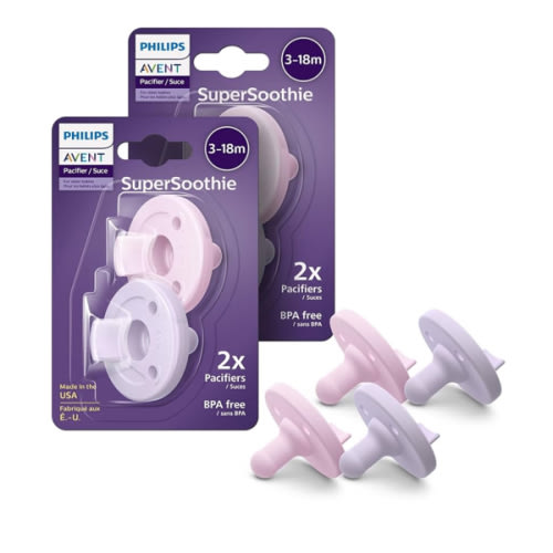 Philips Avent Soothie Orthodontic Baby Pacifiers, 100% Silicone Pacifiers, One Piece, BPA-Free, for Babies 3-18 Months, 2 Lilac and 2 Pink, 4 Pack, Model SCF192/70