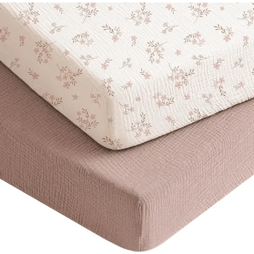 Konssy Muslin Crib Sheets for Boys, Soft Cotton Neutral Baby Sheets for Standard Crib Mattress 2 Pack, 52"x28" (Soft Blooms,Taupe)