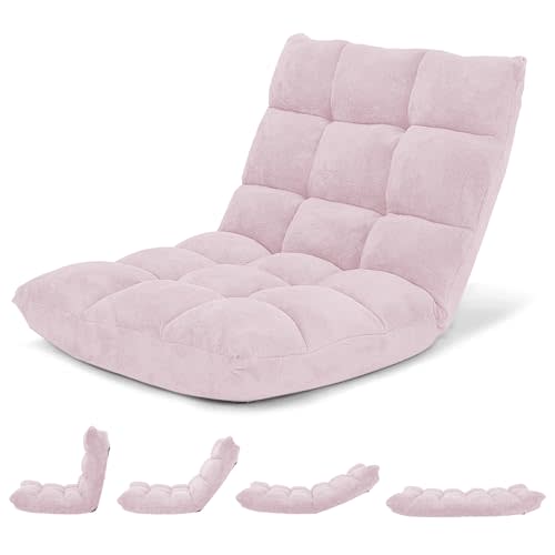 Giantex Floor Chair with Back Support, 14 Adjustable Position, Padded Sleeper Bed, Couch Recliner, Gaming Floor Chairs for Meditation, Adults, Living Room, Gaming Chair Floor, Light Pink