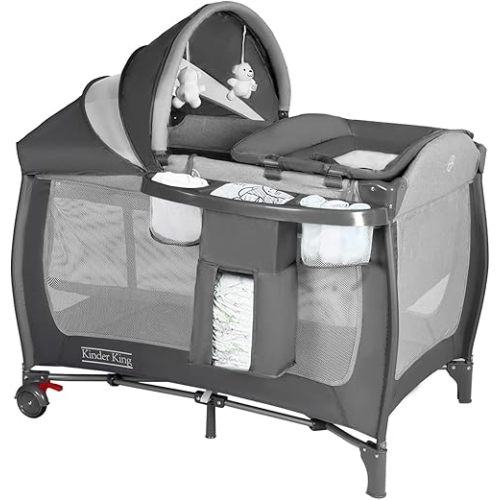 Kinder King 4 in 1 Portable Pack n Play, Baby Nursery Center Playard w/Bassinet, Large Playpen for Infant and Toddler, Newborn Changing Table, Adjustable Canopy, Storage Basket, Travel Bag, Grey