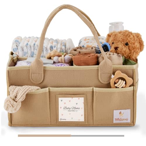 Babylicious Baby Diaper Caddy Organizer | Felt Changing Table Organizer - Large | Diaper Organizer for Changing Table | Name Card Included - Newborn Essentials Must Haves for Parents Tan
