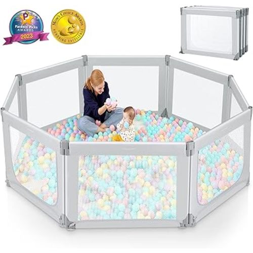 Foldable Baby Playpen, Large Playpen for Babies and Toddlers, Adjustable Shape and Size Lightweight Portable Play Pen with Gate Safety for Indoor Outdoor Baby Play Yards(Grey,71"×69")