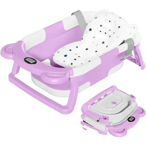 TPN Collapsible Baby Bathtub, Baby Bath Tub with Soft Cushion & Real-Time Thermometer, Baby Bathtub Infant to Toddler Tub (0-36 Months), Portable Travel Baby Tubs for Newborns (Lavender)