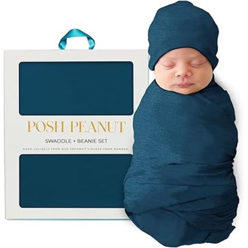 Posh Peanut Swaddle Blanket + Beanie Set - Soft Newborn Swaddle Doubles As a Stroller, Receiving Blanket & Nursing Cover - Matching Breathable Baby Swaddles & Beanies for Everyday (Sailor Blue)