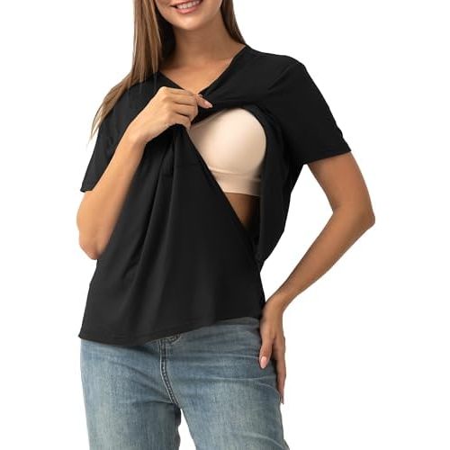 SUNNYBUY Women's Nursing Tops Breastfeeding Cover Short Sleeves Maternity Tee Shirts Double Layer Postpartum Clothes