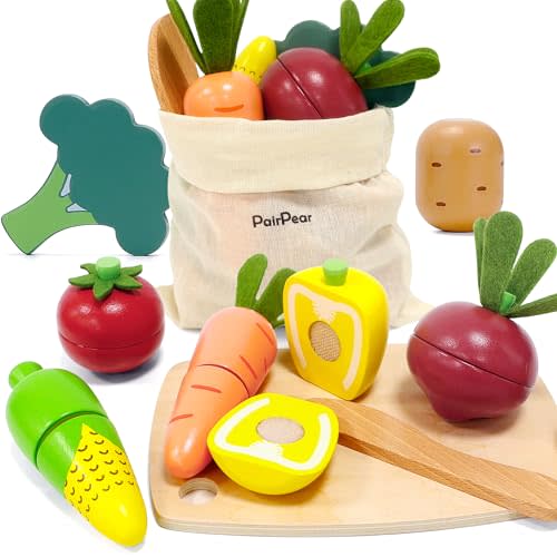 PairPear Wooden Toys Play Food Sets for Kids Kitchen, Kids Toy Food Cutting Vegetables Set for Toddlers 3+ Years Old, Pretend Food Play Kitchen Accessories for Girls and Boys