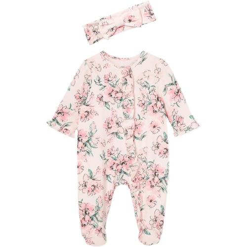 Little Me Clothes for Baby Girls 100% Cotton 2Pc Zipper Closure Footie and Headband Set, Baby Essentials, Preemie to 9 Months(Dream Floral)