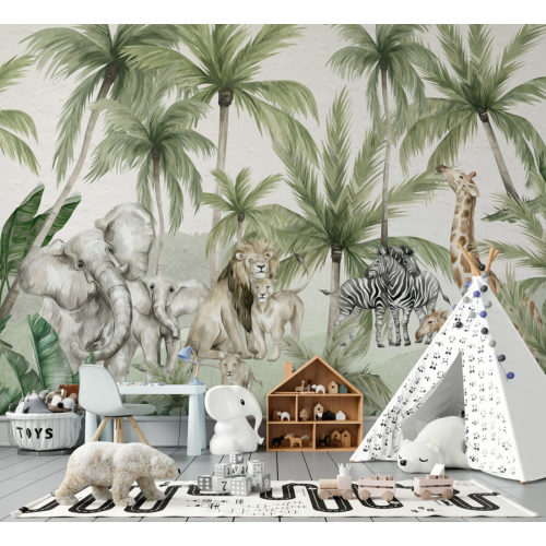 Wall mural Jungle animals beneath the palm trees : u96255 - Muralas.us